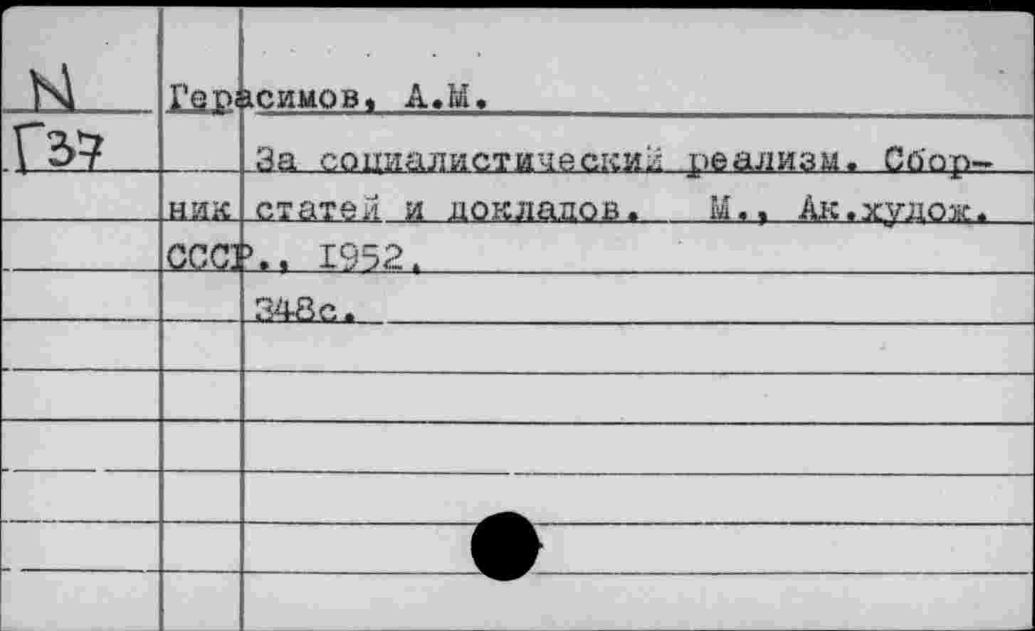 ﻿	ГеР'	сеймов« А.Ы.
Г37		За социалистический реализм. Сбор-
	ник	статей и докладов. М.г Ак.худож.
	ССС1	1952.
		348с.
		
		
		
		
		
		